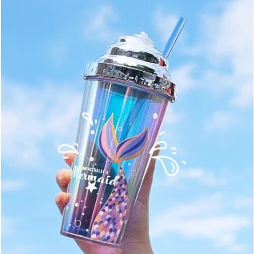 Summer Straw Cup with Sealing Cover Double-Layer Reusable Tumbler Cup with Mermaid Patterns BPA Free