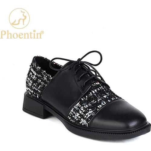 Phoentin Womens British style patch work loafers 2021 Autumn new lace up mid Heels round toe pumps Fashion casual mules FT1697