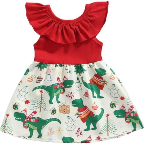 2021 1-6Y Infant Girls Christmas Sleeveless Dress Cartoon Dinosaur Print Ruffle Crew Neck Red Cartoon A-line Dress Costume