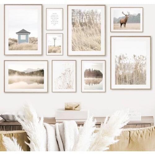 Reed Chalet Deer Straw Tree Lake Mountain Wall Art Canvas Painting Nordic Posters And Prints Wall Pictures For Living Room Decor
