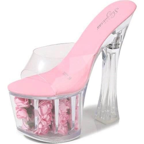 18cm square heel new model super high heels, rose platform shoes, transparent crystal party slippers