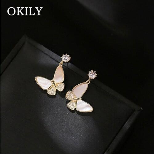 OKILY Sweet Nature Shell Butterfly Stud Earrings Delicate Gold Animal Zirconia Stud Earrings for Girl Party Jewelry Accessories
