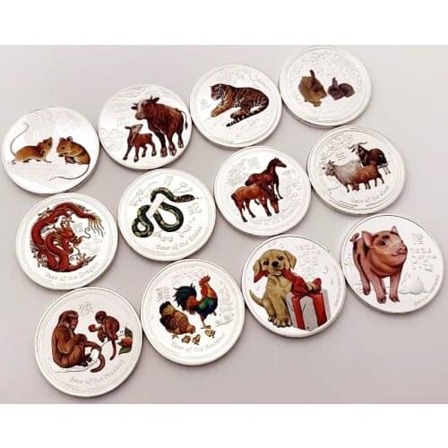 12PCs Australia Zodiac Animal Ox/Horse/Monkey/Dog Commemorative Coins 1 Oz Silver Colorful Elizabeth II Souvenirs New Year Gifts