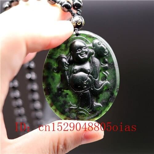 Natural Black Green Chinese Jade Maitreya Pendant Obsidian Necklace Charm Jewelry Accessories Carved Amulet Gifts for Men