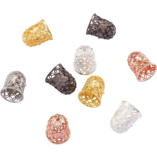 Pandahall 50Pcs Hollow Bell with Flower Brass Cord Ends Mixed Color End Caps For Jewelry Making Findings DIY Accessories 15x12mm