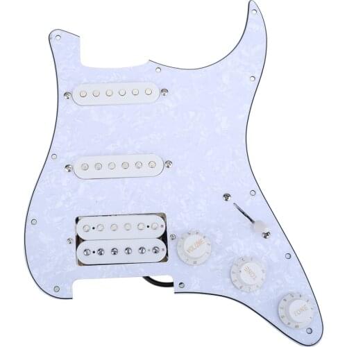 Musiclily 11-Hole HSS Prewired Loaded Pickguard with Single Coil Pickups Set for Fender Squier Strat Guitar, 4Ply White Pearl