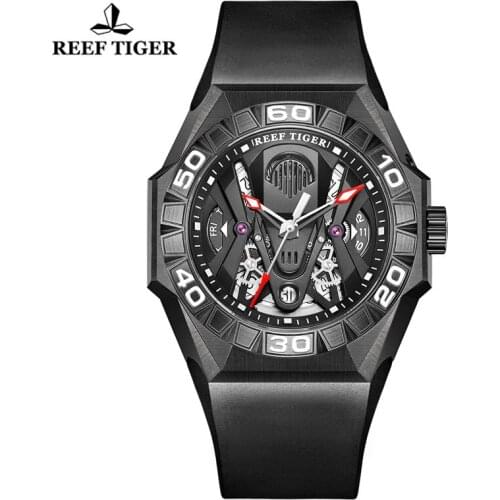 Reef Tiger/RT Men Sport Dive Watches Automatic Mechanical Skeleton Watch All Black Rubber Strap Waterproof 200M Men Watches