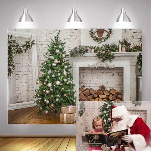 Christmas Background Vintage Fireplace Christmas Tree Photography Wood White Brick Wall Photo Backdrop Photo Shoot Gift Green