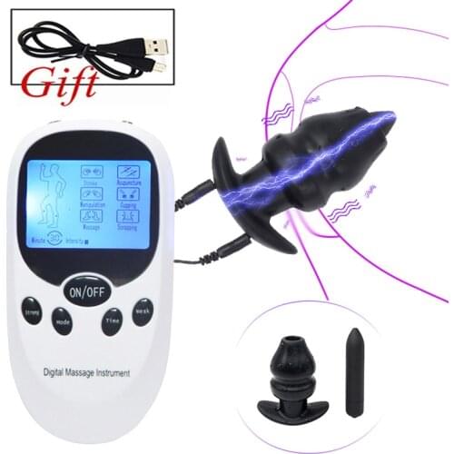SM Electric Shock Hollow Anal Plug Enema Clean Butt Plug Dilator Vaginal Speculum Dildo Vibrator E-stim Anus Masturbator Sex Toy