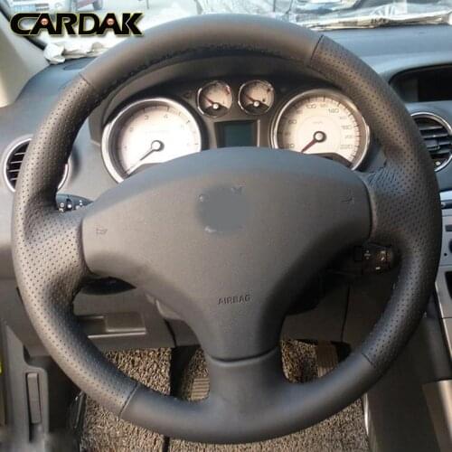 CARDAK Hand-stitched Black Artificial Leather Car Steering Wheel Cover For Peugeot Old 408 Peugeot Old 308
