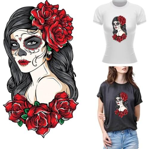 Skull Art Thermal Patches Girl Transfer Stickers Washable T-Shirt Hoodies Tops Vinyl Iron On Patches For Cloth Diy Heat Transfer