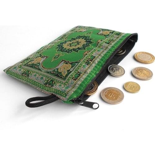 Oriental Green Turkish Carpet Pattern Woven Coin Purse|Women Wallet With Zipper|Gift Makeup Bag Ideas for Loved Ones