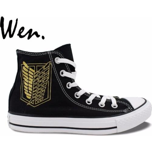 Wen Design Custom Anime Hand Painted Sneakers Logo Attack on Titan Survey Corps Men Womens Black High Top Canvas Shoes