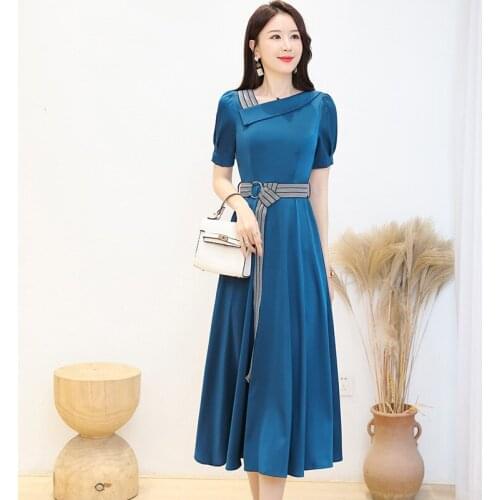 Spring/Summer 2021 new Korean version of large-size satin dress with acetate trim temperament V-neck fashion mid-length dress
