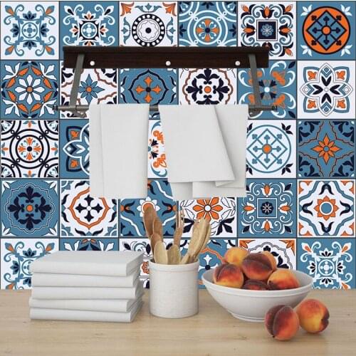 Spanish Style Retro Floral Strip PVC Tiles Wall Stickers Kitchen Home Decor Poster Waterproof Ground Art Mural Customed