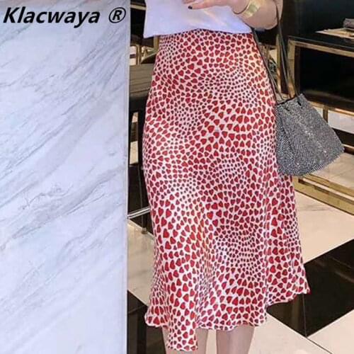Klacwaya New Girls Silk Pencil Skirts Women Fashion Heart Print High Waist Slim Skirt Ladies Chic Red Leopard Boho Mermaid Skirt