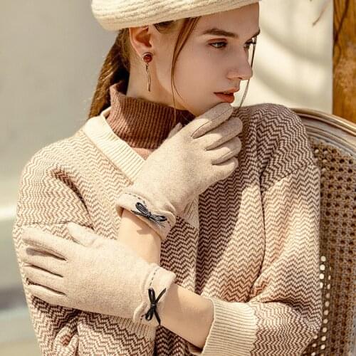 Female Cute Bow Embroidery Thin Plus Velvet Touch Screen Driving Mittens Winter Women Outdoor Cashmere Warm Cycling Gloves
