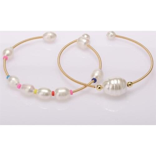 Pink grey white freshwater pearl beads clay beaded wire wrapped gold open bangle cuff bracelets for woman daily hand jewelry