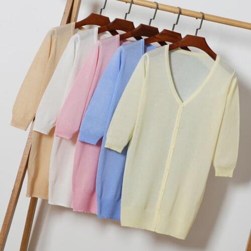 Queechalle 11 Color Summer Long Knitted Cardigan Coat Womens V Neck Three Quarter Thin Ice Silk Coats Buttons Closure Women Top