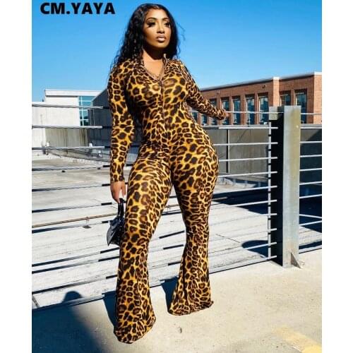 CM.YAYA Leopard Print Zipper Wide Leg Flare Jumpsuit for Women Sexy Club Partywear One Piece Overall Deep Rompers Fall winter