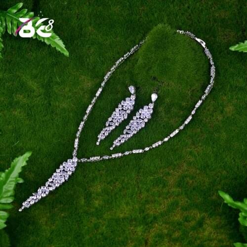 Be 8 Elegant Leaf Design Cubic Zirconia Pendant Dubai Jewelry Set Women Bridal Necklace Earring For Wedding Gifts S063