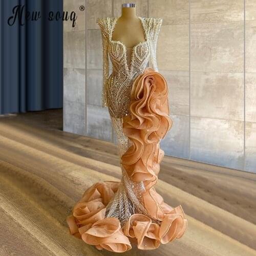 Illusion Beading Long Sleeves Abendkleider Elegant Mermaid Arabic V Neck Evening Dress 2021 Dubai Women Lebanon Party Gowns