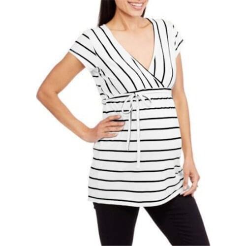 #57 Maternity Clothes Women V-neck Striped Maternity Short-sleeved Breastfeeding T-shirt Pregnancy Top Camisa Lactancia Materna