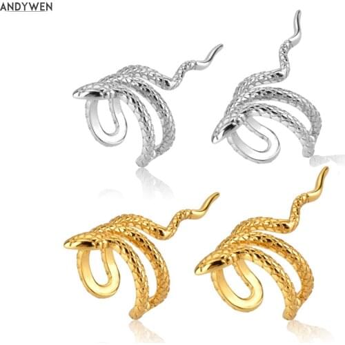 ANDYWEN 925 Sterling Silver Gold Rock Punk Snake Earcuff No Piercing Clips Ear Cuff Women Luxury Fine Cuff Earring Jewelry