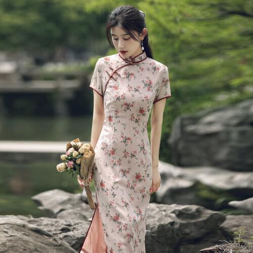 Cheongsam 2021 New Girl Summer Young Retro Improved Elegant Dress Women for Wedding Party Vintage Floral Qipao Dress