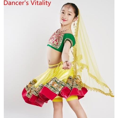 Children Girls New Indian Dance Rhinestone Embroidered Big Swing Top Short Skirt Veil Pants Oriental Belly Dancing Stage Wear