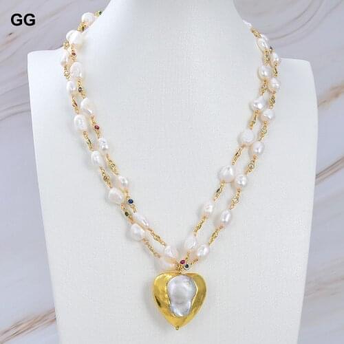 GG Jewelry 20" 2Strands Freshwater White Baroque Pearl Multi Color Cz Chain Heart Pearl Gold Color Plated Pendant Necklace