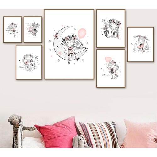 Cartoon Pretty little Girl Nursery Wall Art Print Canvas Painting Nordic Posters And Prints Wall Pictures Baby Girl Room Decor