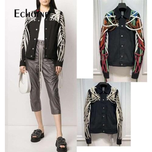 Echoine Autumn women Handmade Drawstring strap Design Jacket Coat Female Pure Dark Single-breasted Drawstring Tie Coat