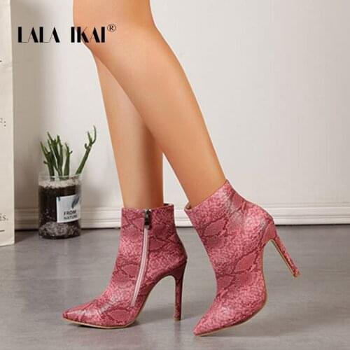 LALA IKAI Womens Ankle Boots Retro Pointed Serpentine High Stiletto Boot ZIP 2020 Fashion Female Autumn Winter XWC10342-4