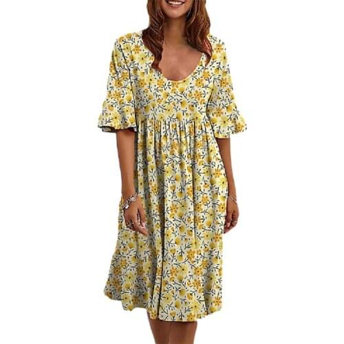 Summer Womens dress Boho Floral Print Short Sleeve Knee-Length Dress Ladies Loose A Line Dress beach Dress 2021 New Hot Sale