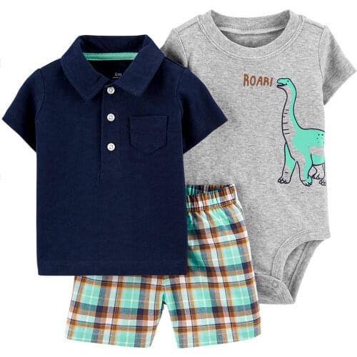 2020 3pcs Baby Boy Girl Summer Clothes Set Short Sleeve Bodysuit T-shirts pants Cartoon Animal Lattice Pant Kids Clothing Outfit