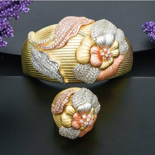 ModemAngel Fashion Design Flower Shape Jewelry Accessories Bangle And Ring Set for Women 3 Tones High Quality Gift