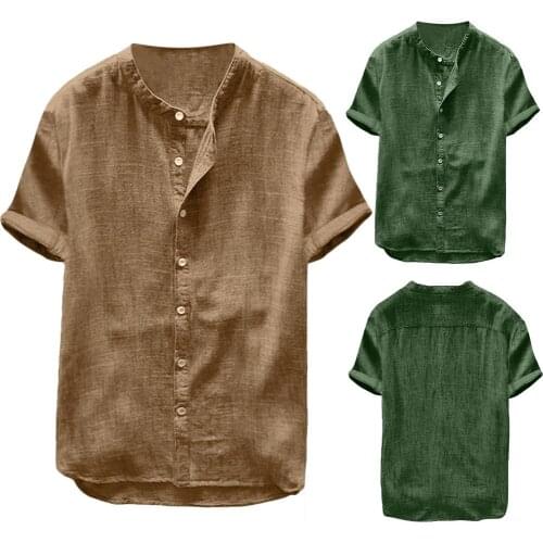 Men Casual Solid Color Short Sleeve Cotton Linen Button Down Beach Loose Shirt soft and skin-friendly perfect gifts