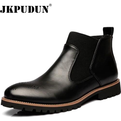 Genuine Leather Ankle Chelsea Boots Men Winter Work Shoes Vintage Classic Male Casual Motorcycle Boots Cowboy Botas 2019 JKPUDUN