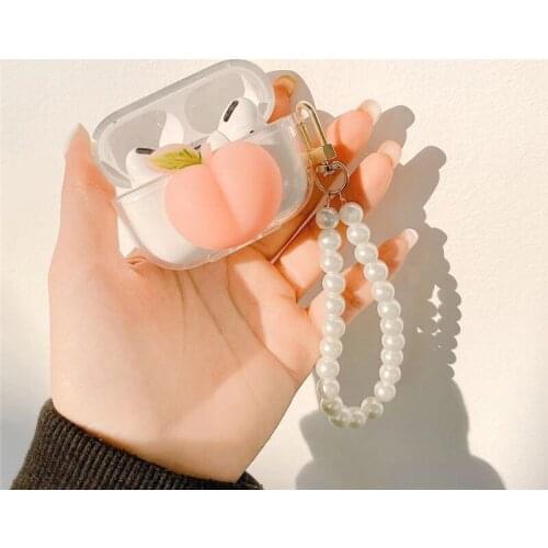 Reliver Stress Toys Cute 3D Squishy Peach Pinch Wireless Earphone Case for Airpods 1/2/3 Pro Cover with Pearl Bracelet Chain