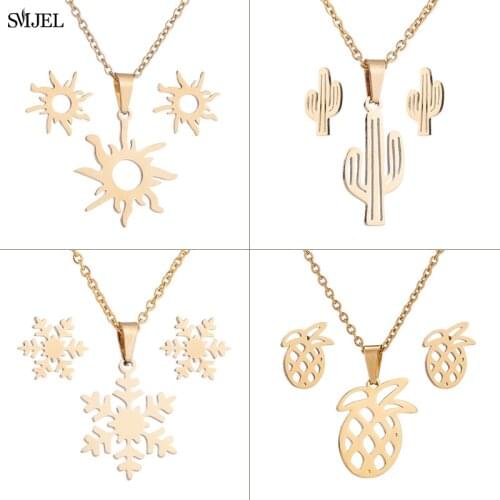 Stainless Steel Plant Jewellery Sets For Women Bohemian Sun Cactus Pineapple Flower Pineapple Necklace Earrings Accessories 2021