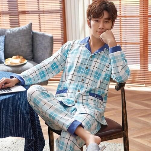2021 Autumn Casual Plaid Long Sleeve Cotton Pajama Sets for Men Korean Loose Sleepwear Suit Pyjamas Male Lounge Homewear Clothes