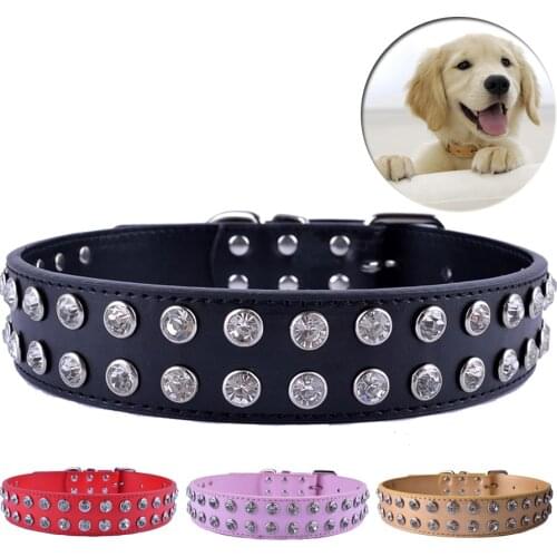 Clear Rhinestones Diamante Collar Pu Leather Dog Collars For Big Dogs Crystal Studded Pet Puppy Neck Strap Size L XL