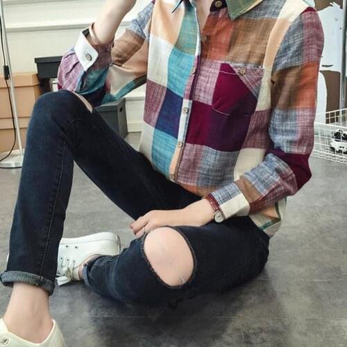 Women Casual Long Sleeve Turn Down Collar Pocket Slim Cotton Linen Plaid Shirt suitab for daily wear work school