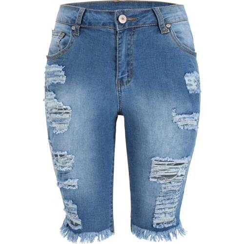 Summer Bermuda Shorts Women Ripped Cotton Knee Length Mid Rise Casual Denim Shorts Ladies Blue Sexy Skinny Jean Shorts