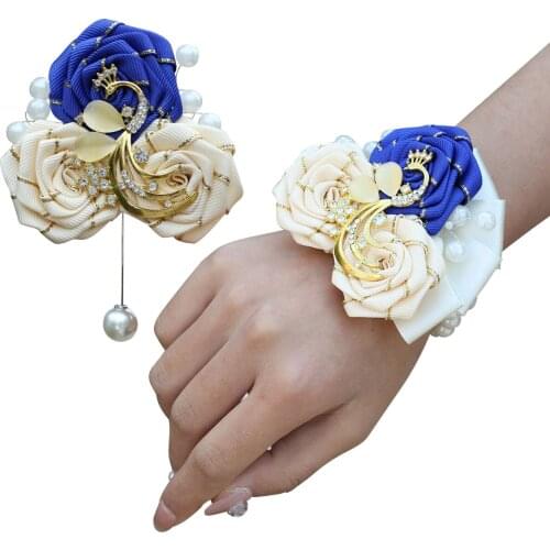 Wedding Wrist Flower Bride Rose Ribbon Rhinestone Corsage Bracelet Wristband Bracelet Bridesmaid Curtain Belt Clip Bouquet