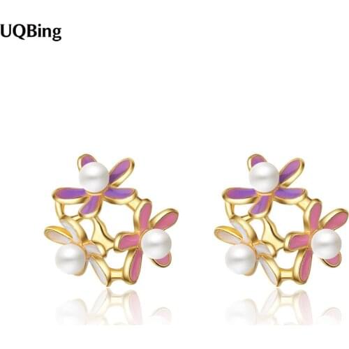 Fresh Elegant Enamel Pearl Flower Shape Stud Earring 925 Sterling Silver Gifts Jewelry