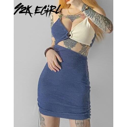 Y2K EGIRL Vintage 90s Patchwork Cut Out Bodycon Dresses Y2K Aesthetics Backless Straped Hollow Out Drawstring Brown Dress Deep V