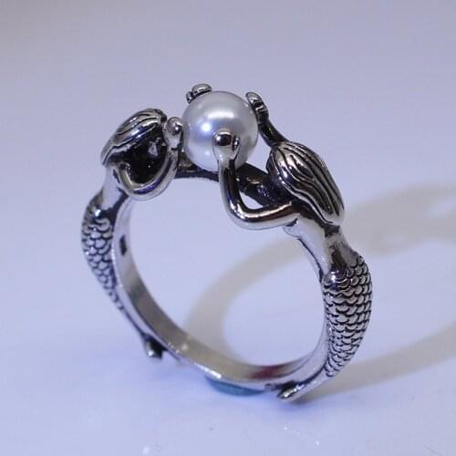 Womens 925 Vintage Thai Silver Mermaid Pearl Ring Birthday Party Gift Jewelry Ring Wholesale