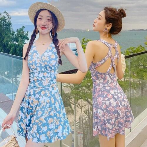 2021 New Korean Style Print Swimsuit Women Sexy Swimwear Summer Bathing Suits Beach Swim High Waist One Piece Swimskirt